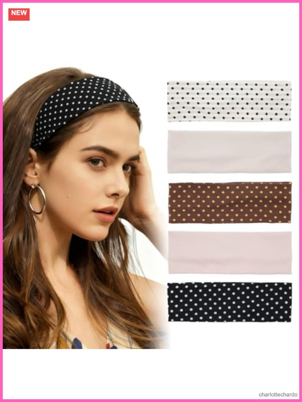 5-Pack Polka Dot Headbands Cotton Polyester Blend One Size Fits Most